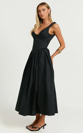 Beckett Midi Dress Scoop Neck Drop V Waist Gathered Skirt Dress in Black
